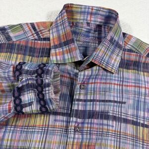 Visconti Black Button Down Shirt Mens Large Multi Color Plaid Italy Fabric EUC